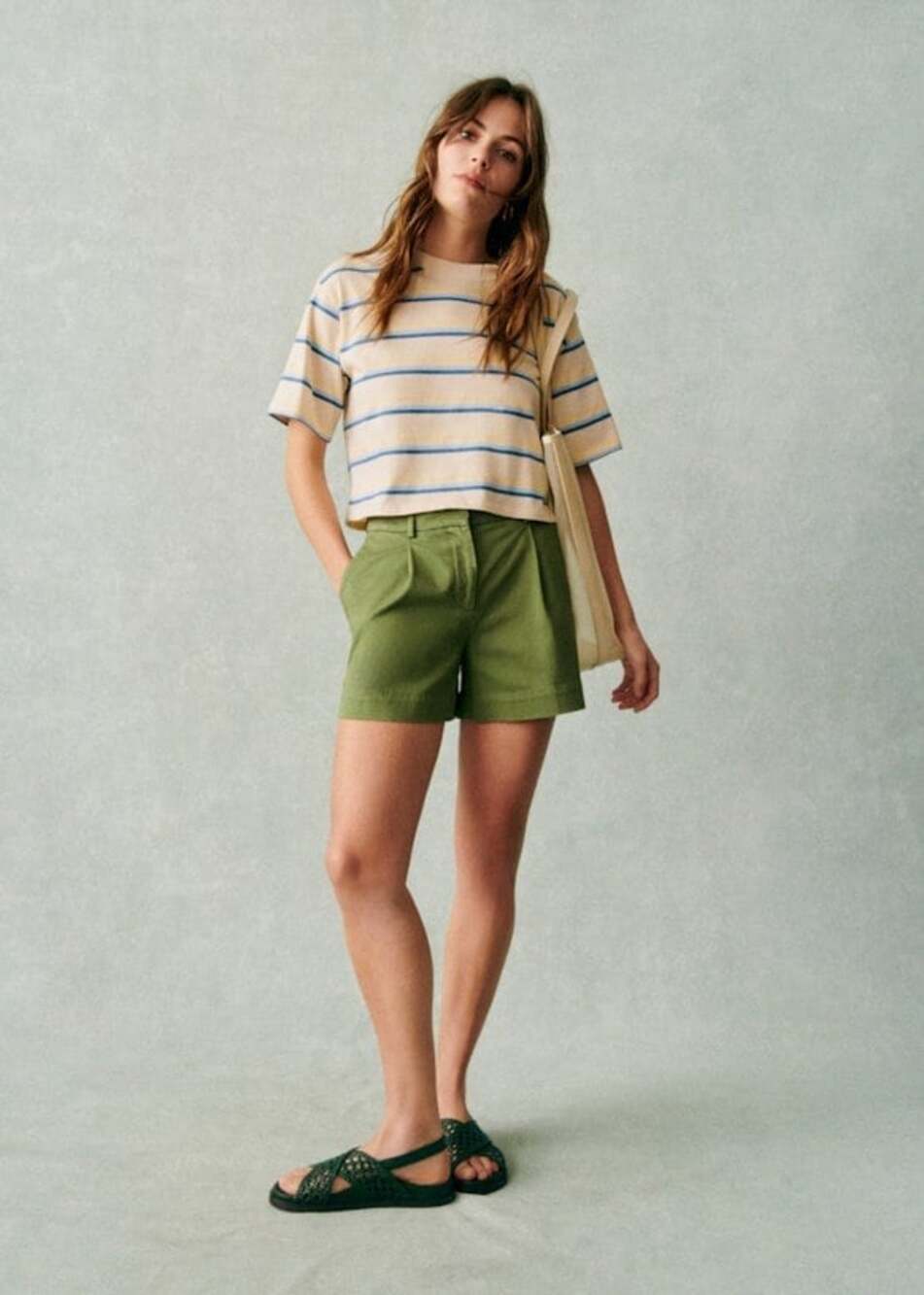 Sezane Women's Marlo T-Shirt XS Cream Yellow Blue Organic Cotton